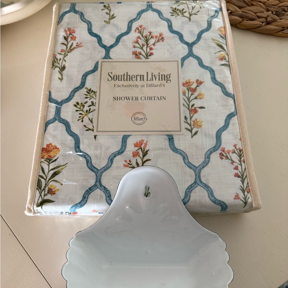 Southern Living Floral Trellis Shower Curtain -  white metal soap dish